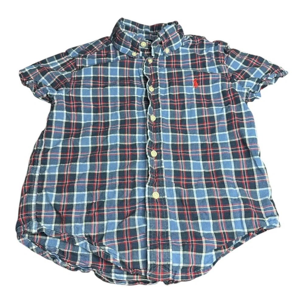Ralph Lauren 4T blue‎ red plaid short sleeve button up shirt 100% Cotton
